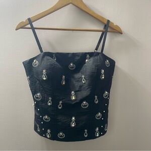 Simon Chang Women’s Tank Top Black Bedazzled Crop Bohemian Gypsy Dressy